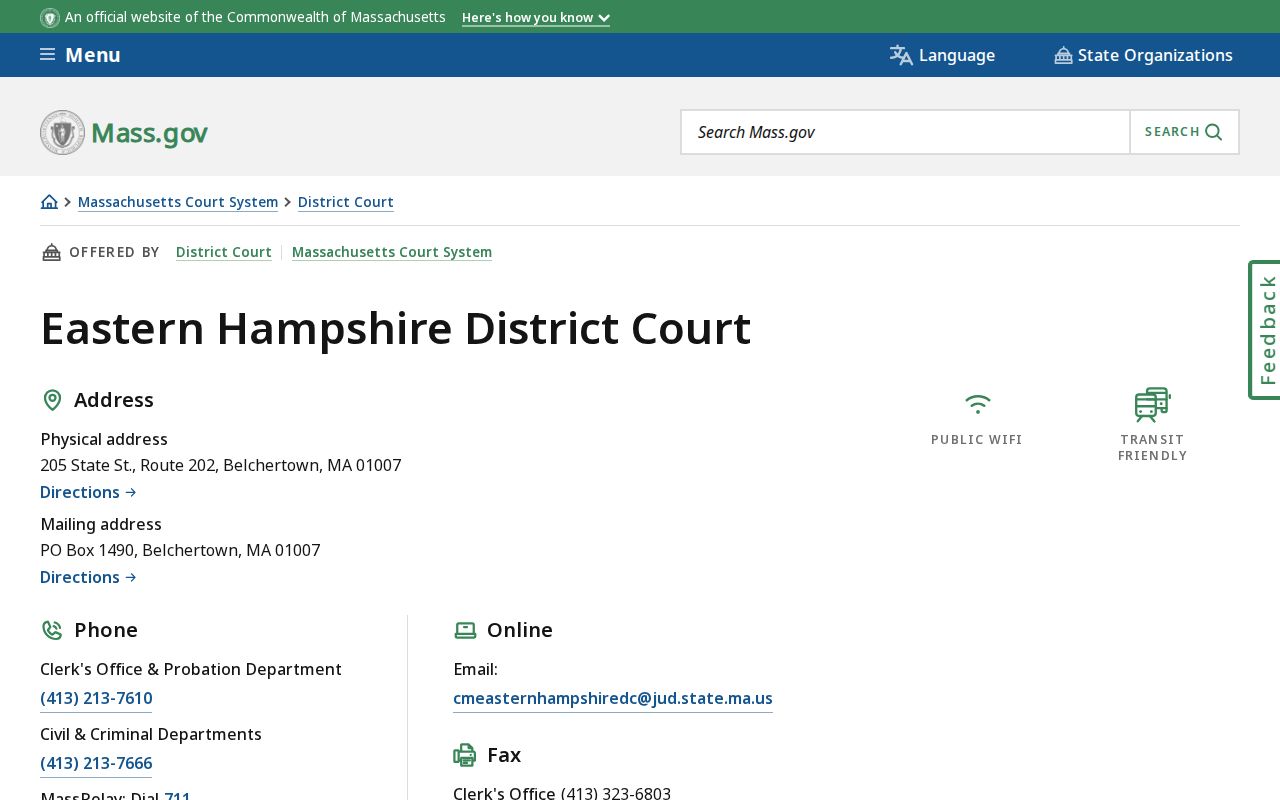 Eastern Hampshire District Court location page for Hampshire County traffic warrant records