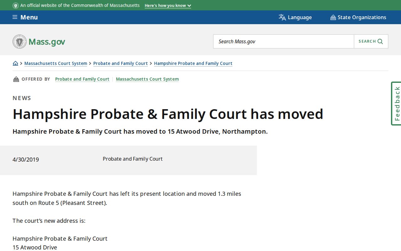 Hampshire Probate and Family Court notice page for family process related to Hampshire County warrant records