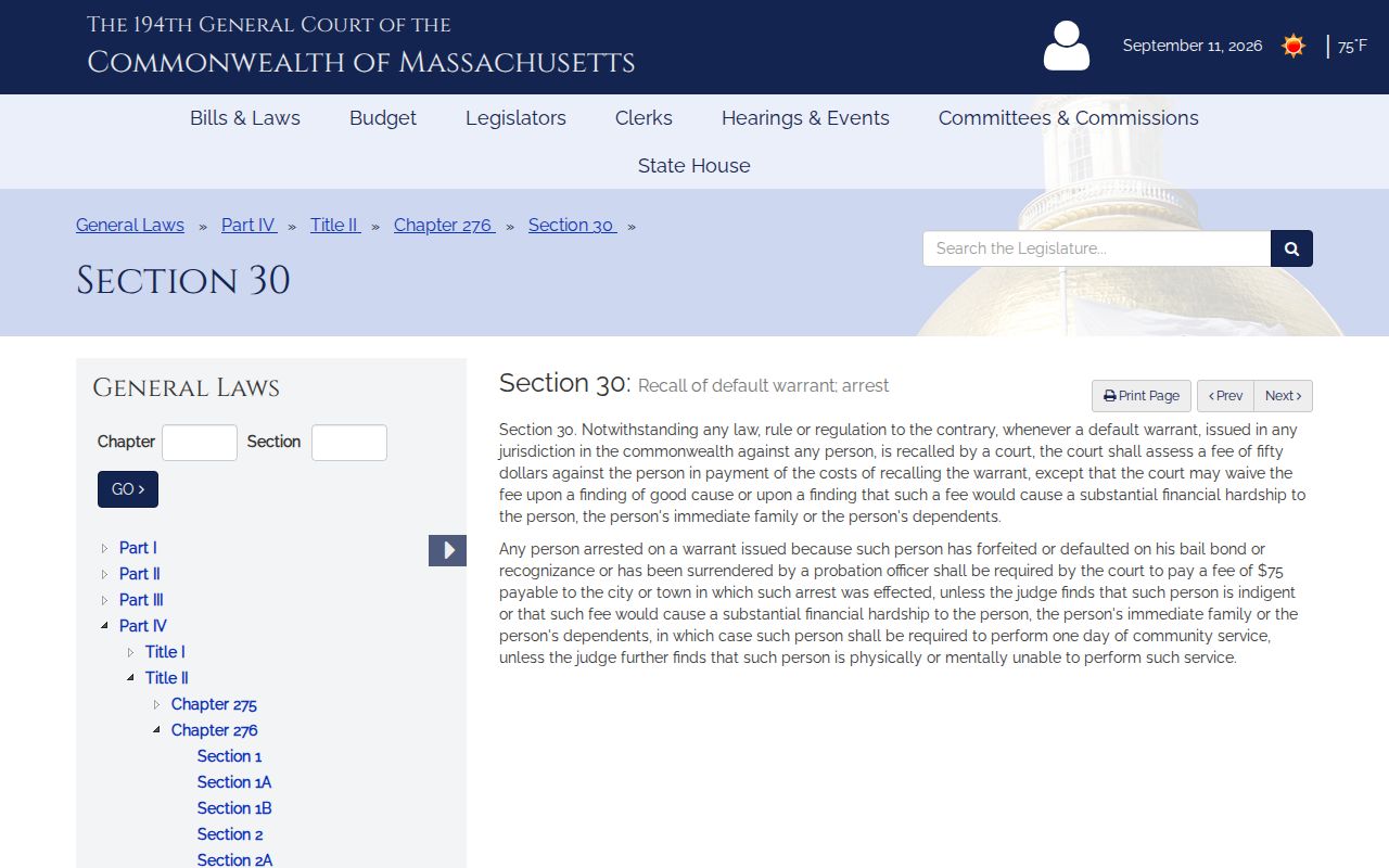 Massachusetts recall fee statute page used for Hampshire County bench warrant fees