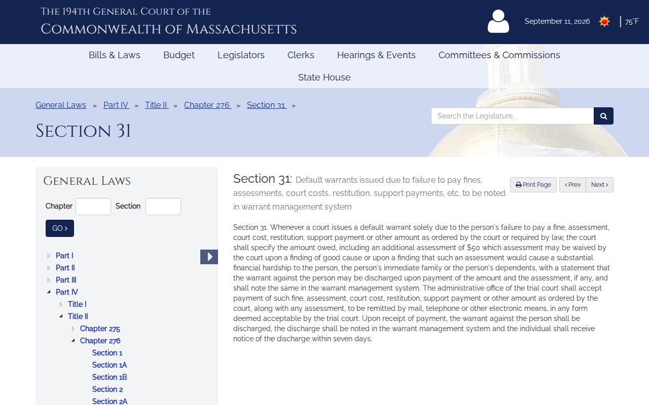 Massachusetts unpaid amount warrant statute page for Hampshire County bench warrant payment questions