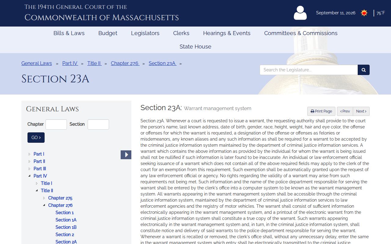 Massachusetts statute page describing Hampshire County default warrant record requirements