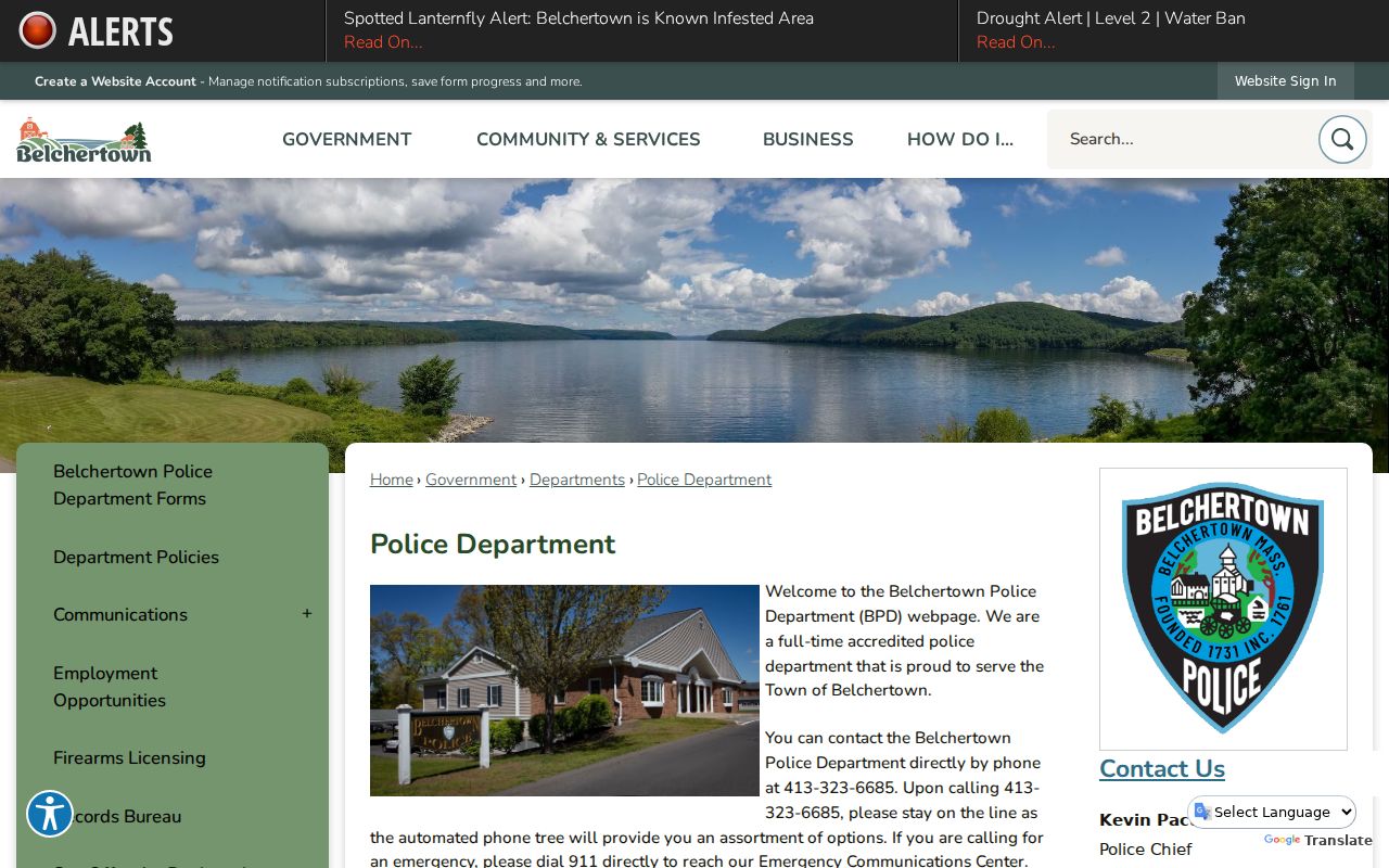Belchertown Police Department page used for Hampshire County warrant service and record questions