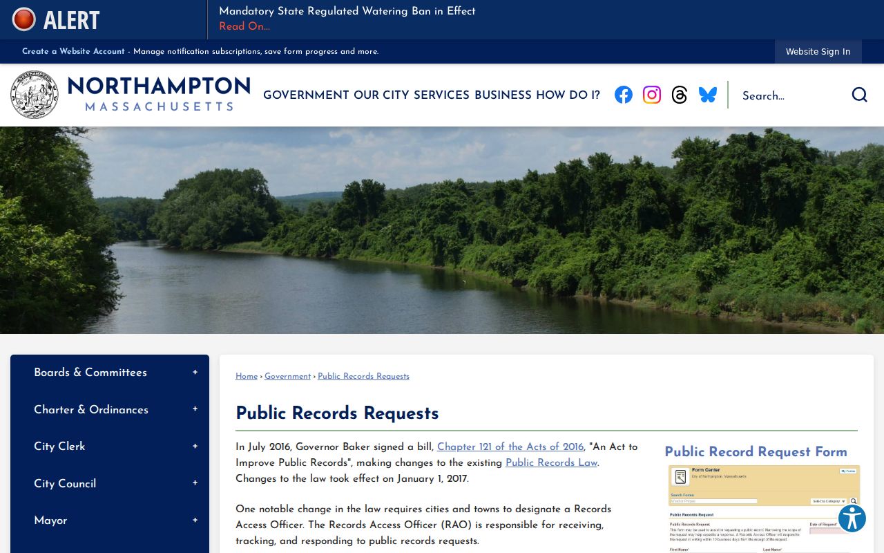 Northampton public records request page used for Hampshire County warrant and police record requests