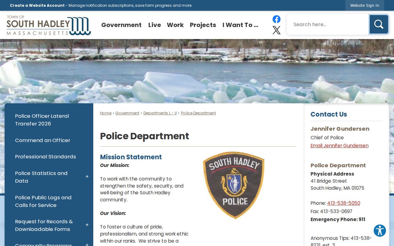 South Hadley Police Department page used for Hampshire County warrant record and arrest log questions