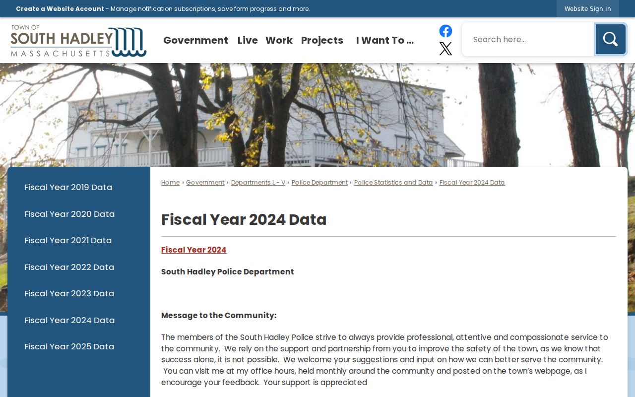South Hadley police fiscal year data page showing Hampshire County warrant arrest categories
