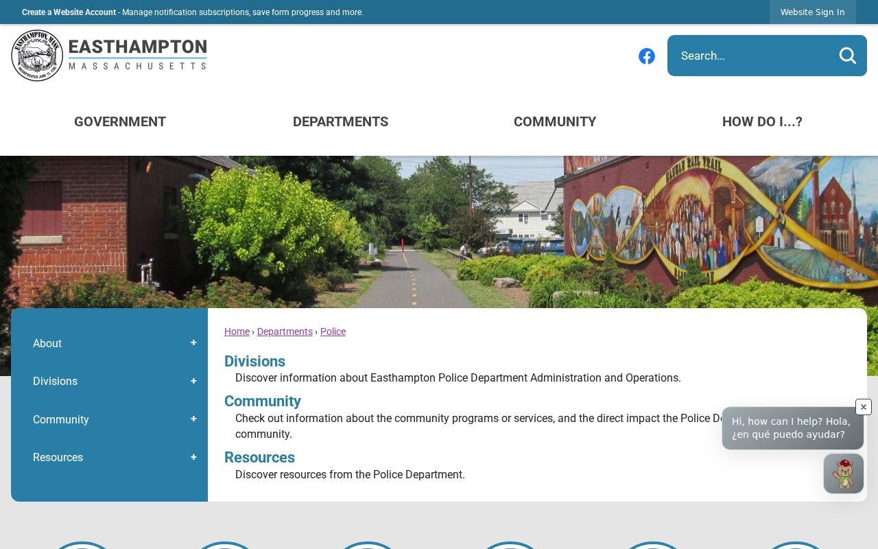 Easthampton Police city page used for Hampshire County warrant service and record questions