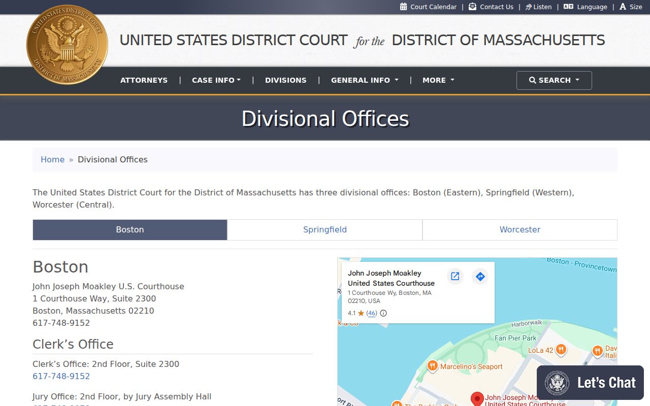U.S. District Court Springfield division page for federal warrant records in Hampshire County