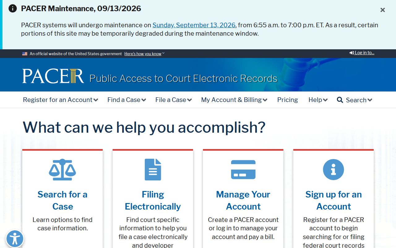 PACER federal docket search page used for Hampshire County federal warrant and case records