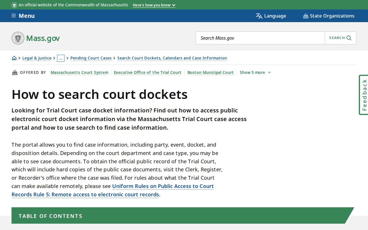 Massachusetts court docket search page used to look up Hampshire County warrant records